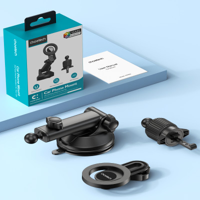 Bộ giá đỡ điện thoại hít nam châm 2in 1 Choetech H01005 dán taplo hoặc kẹp khe gió xoay 360 độ - Hàng chính hãng