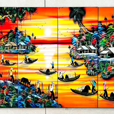 Bộ Tranh sơn mài 4 tấm - ĐỒNG QUÊ / PHỐ CỔ VIỆT NAM - Size 50x80 cm / 60x120 cm