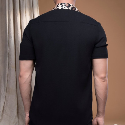 Áo sơ mi đen xô cát phối beo cổ túi LM112452 [BST Da Beo]