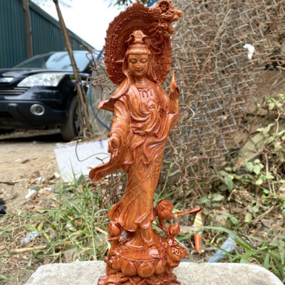 Tượng phật bà quan âm bồ tát bằng gỗ hương đá liền khối kt 30×9×10cm
