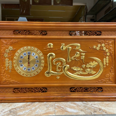 Tranh đồng hồ treo tường khắc chữ tài lộc bằng gỗ gõ đỏ kt 67×127×4cm