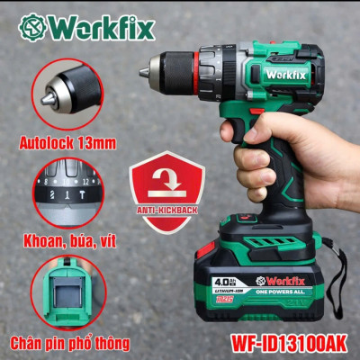 Máy Khoan 3 Chức Năng 100N.m Workfix - ID13100AK - Đầu Kẹp 13mm Auto Lock - Chống Lật Cổ Tay - Brushless Motor - Chân Pin Phổ Thông - 2 Pin 21V/4Ah PLUS - Có Tay Cầm Trợ Lực