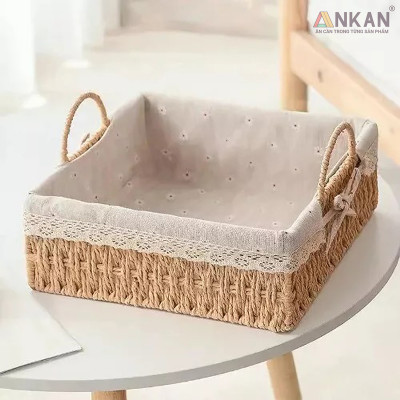 Giỏ Decor Hình Vuông Có Quai Xách – Đan Tay Thủ Công, Lót Vải Hoa Vintage, Trang Trí & Đựng Đồ Đa Năng