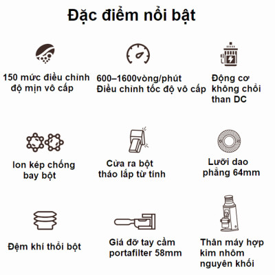 Máy xay hạt cà phê chuyên nghiệp Single Dose, 150 cấp độ xay vô cấp. Thương hiệu Mỹ cao cấp HiBREW - G10. HÀNG CHÍNH HÃNG