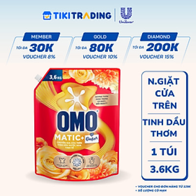 Túi Nước Giặt Omo Matic Comfort Cho Máy Giặt Cửa Trên Hương Tinh Dầu Thơm Xoáy Bay Vết Bẩn, Hương Thơm Bền Lâu 3.6Kg