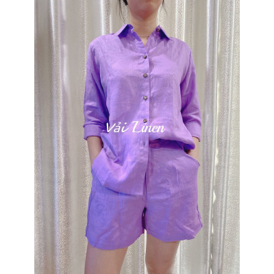Set LINEN PREMIUM Áo somi tay dài + short, Fullsize. 14 MÀU. Hình thật. Haint Boutique