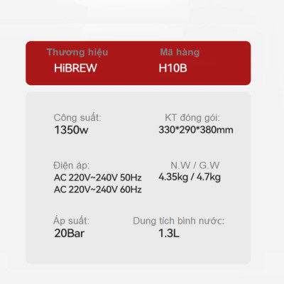Máy pha cà phê bán tự động Espresso, Cappuccino, Latte thương hiệu HiBREW H10B cao cấp - Hàng Chính Hãng