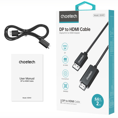 Cáp chuyển DisplayPort (DP) sang HDMI 4K@60Hz Choetech XDH01 dài 2m (Hàng chính hãng)