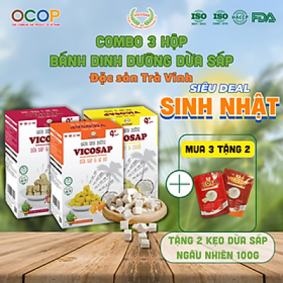 Combo 3 Bánh dinh dưỡng VICOSAP làm từ dừa sáp không chiên qua dầu ăn vặt healthy cho bé