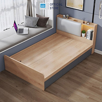 Giường Gỗ Đơn Dài 1.2m Phối Đèn LED và 3 Ngăn Kéo Màu Oak Phối Xám Chì SIB Decor GN16