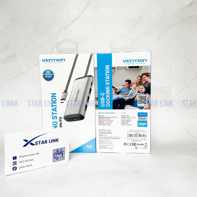 Cáp chuyển đổi Type-C sang HDMI + 3 cổng USB 3.0 + Type-C PD  Vention CNBHB - hàng chính hãng