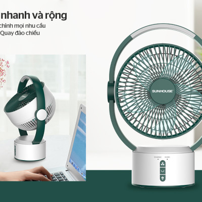 Quạt sạc tích điện SUNHOUSE SH7116, quạt mini để bàn kiêm đèn ngủ, 3 mức gió siêu mát - Hàng chính hãng