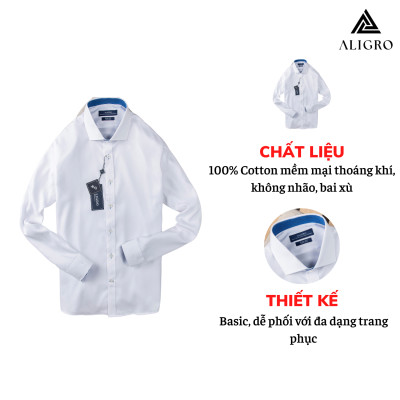 Áo sơ mi nam dài tay ALIGRO 100% chất cotton cổ bẻ dáng ôm body, màu trắng phối cổ ALGS189