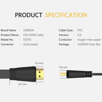 Ugreen UG50820ED015TK 3M màu đen Cáp tín hiệu HDMI dẹt - HÀNG CHÍNH HÃNG