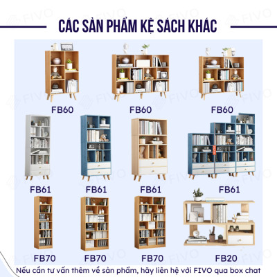 Tủ Kệ Sách Gỗ Đa Tầng 4 Chân Cao Cấp FIVO Mẫu FB60 Màu Gỗ, Nội Thất Lắp Ráp Đơn Giản, Nhiều Ngăn Rộng Rãi (Có Kèm Tấm Lưng)