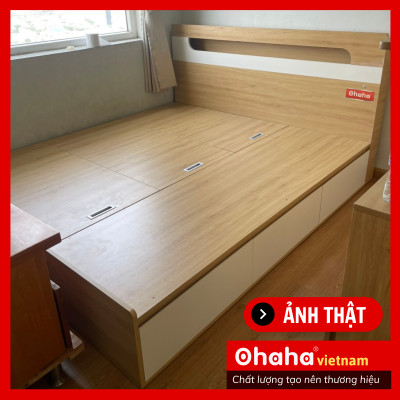 [ Kèm Ảnh Thực Tế - Miễn phí vận chuyển & Lắp đặt ] Giường ngủ gỗ cao cấp kèm đèn LED Ohaha - Vàng gỗ/Trắng - OH011