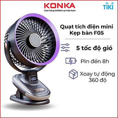 Quạt kẹp bàn mini F05, quạt tích điện xoay tự động 360 độ, có 5 mức độ gió, màn hình LED, pin 10000mAh dùng đến 10H - Hàng chính hãng