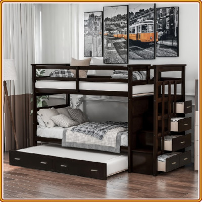 Giường 3 tầng kèm hộc kéo phụ sát đất Tundo màu nâu 