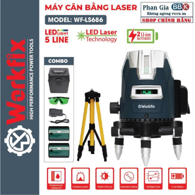 Máy cân mực laser WORKFIX WF-LS686, 5 tia xanh bóng LED siêu sáng, Phím cảm ứng