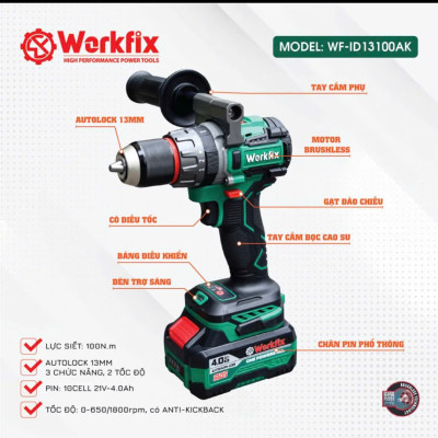 Máy Khoan 3 Chức Năng 100N.m Workfix - ID13100AK - Đầu Kẹp 13mm Auto Lock - Chống Lật Cổ Tay - Brushless Motor - Chân Pin Phổ Thông - 2 Pin 21V/4Ah PLUS - Có Tay Cầm Trợ Lực