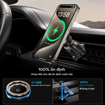 Bộ giá đỡ điện thoại Magnetic 2 in 1 trên ô tô Choetech T208 sạc nhanh công suất 15W - Hàng chính hãng