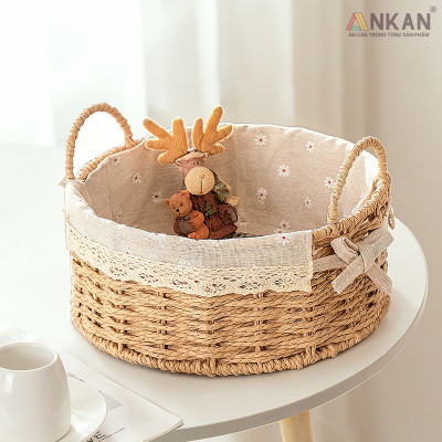 Giỏ Picnic Hình Tròn Có Quai – Đan Tay Thủ Công, Lót Vải Hoa Vintage, Giỏ Đựng Đồ Trang Trí Xinh Xắn