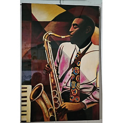 Tranh sơn mài nghệ sĩ và kèn saxophone size 60x90 cm