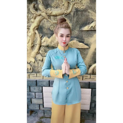 Đồ Lam đi chùa thiết kế cao cấp sj22 thêu sen bọc vải thủ công