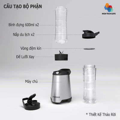 Máy xay sinh tố Shardor PB615B mix and go, tích hợp 2 bình du lịch kiêm nắp chống rò rỉ, mang theo mọi nơi, hàng chính hãng