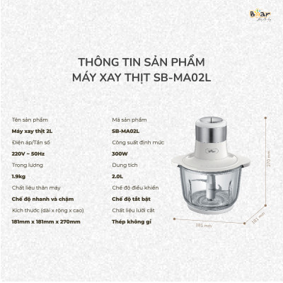Máy Xay Thịt Thực Phẩm Bear SB-MA02L Xay Cực Êm Dung Tích 2 Lít Công Suất 300 W - Hàng Chính Hãng