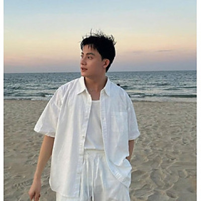 Sơ mi nam ngắn tay trơn cổ bẻ khóa cúc thanh lịch vải sợi tự nhiên Linen mềm mát