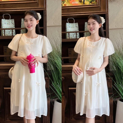 Đầm bầu tơ phom suông đính nơ nhẹ nhàng, dễ thương, sang chảnh Nữ Women
