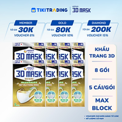 Combo 8 gói Khẩu trang Unicharm 3D Mask nẹp mũi siêu bảo vệ size M (5 cái/gói)