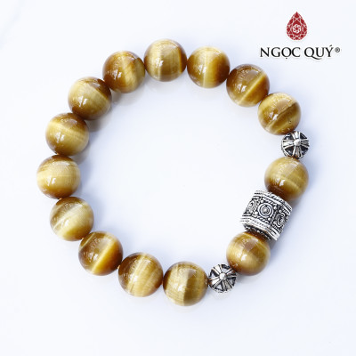 Vòng đá thạch anh mắt hổ AAA phối charm bạc mệnh thổ,kim - Ngọc Quý