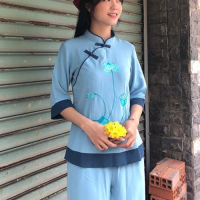 Đồ Lam Đi Chùa # Sẫm 2Nút Hoa Thêu Phối Vải Đũi