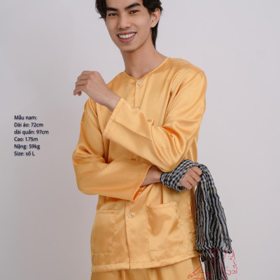 Bộ áo bà ba nam vải phi bóng vàng đồng- Có bộ bà ba Bigsize- may sỉ bà ba toàn quốc - May bộ bà ba theo yêu cầu