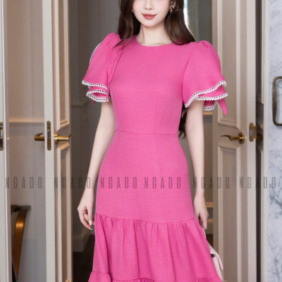 Đầm hồng sen phối ren NGADO , đầm dài , đầm Nữ , đầm công sở , dự tiệc