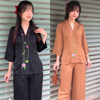 ĐỒ LAM ĐI CHÙA  Mẫu Sen Lụa Pháp Cao Cấp S3