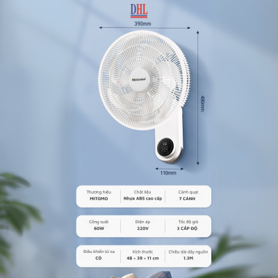 Quạt điện treo tường remote FTT-60AEC-D39, công suất 60W, hoạt động êm ái, hẹn giờ thông minh - hàng chính hãng Bảo hành 2 năm