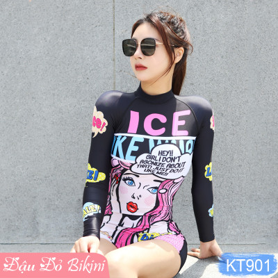 Bộ Đồ Bơi  Nữ  Liền Thân Quần Đùi Tay Dài, Chống Nắng Tối Ưu, Khóa Kéo Sau Tiện Lợi, Chất Vải Thun Lạnh Co Giãn Cao, Nhanh Khô - Phom Dáng Ôm Gọn, Tôn Dáng | KT901