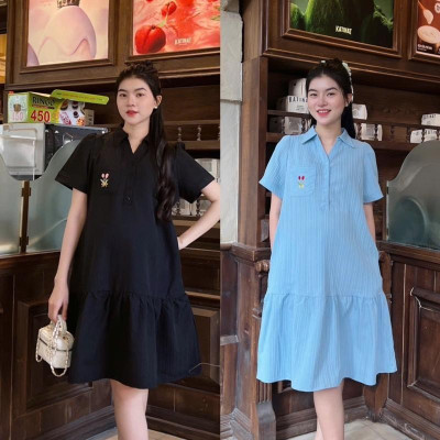 Đầm Bầu Công Sở Cổ Sơ Mi Phối Túi Thêu Phom Đuôi Cá Dễ Thương