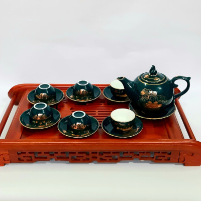 Bộ ấm chén Bát Tràng cao cấp màu xanh Arctic họa tiết hoa sen vẽ vàng 24k