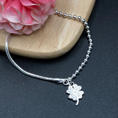 Vòng Tay Lắc Tay Nữ Bạc Ta Dây Mì Bi Cỏ 4 Lá May Mắn Bạc Hiểu Minh LTU575