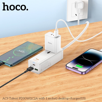 Ổ cắm điện đa năng sạc nhanh PD 30W cổng typeC + QC18W có 2*USB và 1*Type-C có 1 lỗ cắm tải 2500W dây dài 1.5m AC9 - Hàng chính hãng