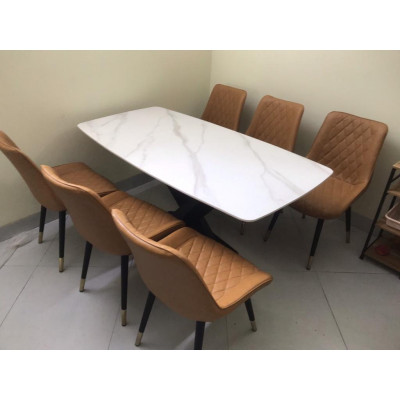 Bộ bàn ăn chân X 1m6 + 6 ghế Loft Trám mặt đá ceramic bóng  Thương hiệu Nội Thất Bình Long 