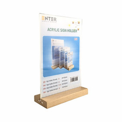 Kệ mica 2 mặt Enter E41 210x300mm đế gỗ A4 đứng, Kệ menu nhà hàng, Standee mica để bàn, Bảng quét mã QR Code