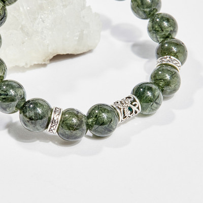 Vòng tay phong thủy đá thạch anh tóc xanh charm hoa hồng 10mm mệnh hỏa , mộc - Ngọc Quý Gemstones