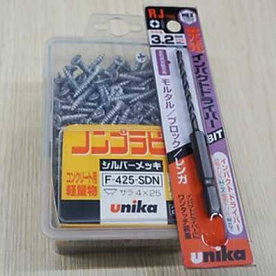 Combo Vít bê tông 4mm đầu bằng F425 & mũi khoan tường đuôi lục giác 3.2mm Unika (không cần tắc kê nhựa)