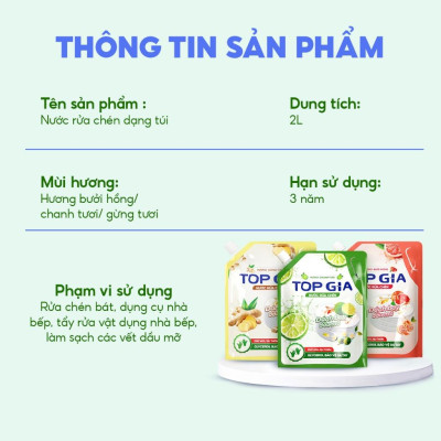 nước rửa chén TOPGIA thiên nhiên,túi 2L an toàn và hiệu quả cho cả gia đình.