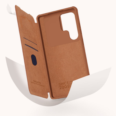 Bao da chống sốc ngăn đựng thẻ card cho Samsung Galaxy S25 Ultra , S25 Plus , S25 hiệu Nillkin Qin Pro - Da PU cao cấp, Viền TPU, sang trong, nắp trượt bảo vệ camera - Hàng nhập khẩu